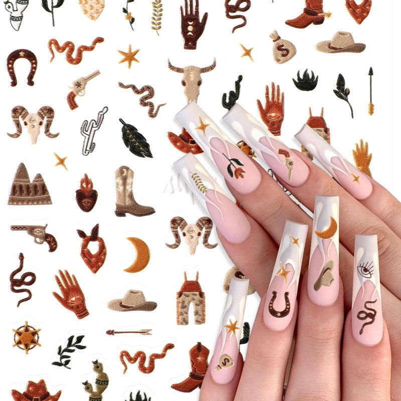 Yuanchu 2 Sheets Retro Cowboy Nail Art Stickers, Western Style Self-Adhesive 5D Embossed Nail Decals DIY Cowboy Hat Boots Cactus Designs for Nails Toenails Phone Cases Retro Style Parties - Image 3